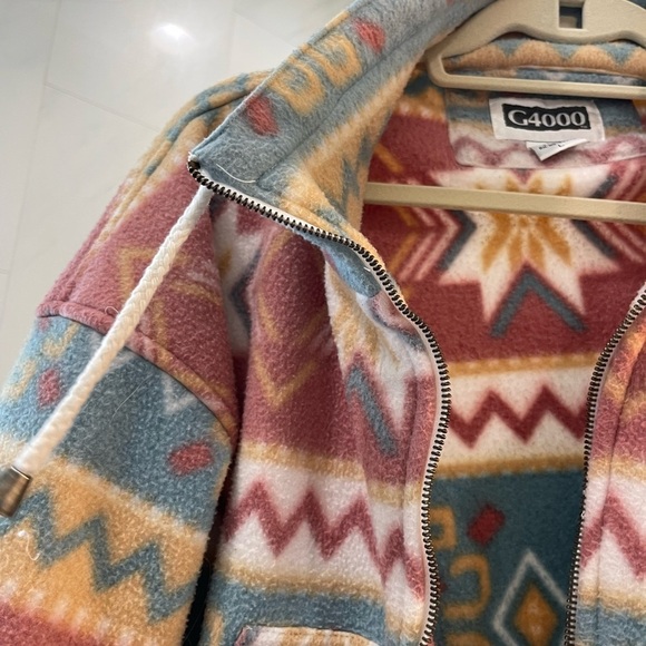VTG G4000 Pink Tribal Aztec Print Fleece Zip Up Hoodie Size Large - Picture 5 of 8